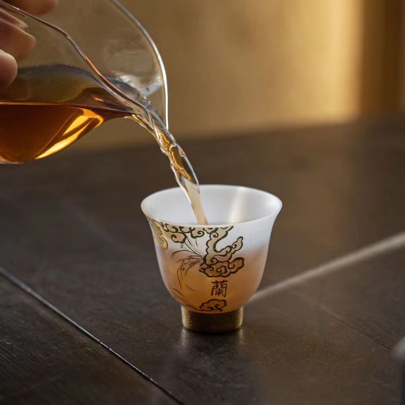 【汀和大福】陳明智老師手工素燒梅蘭竹菊羊脂玉瓷鈴鐺杯 禮盒裝